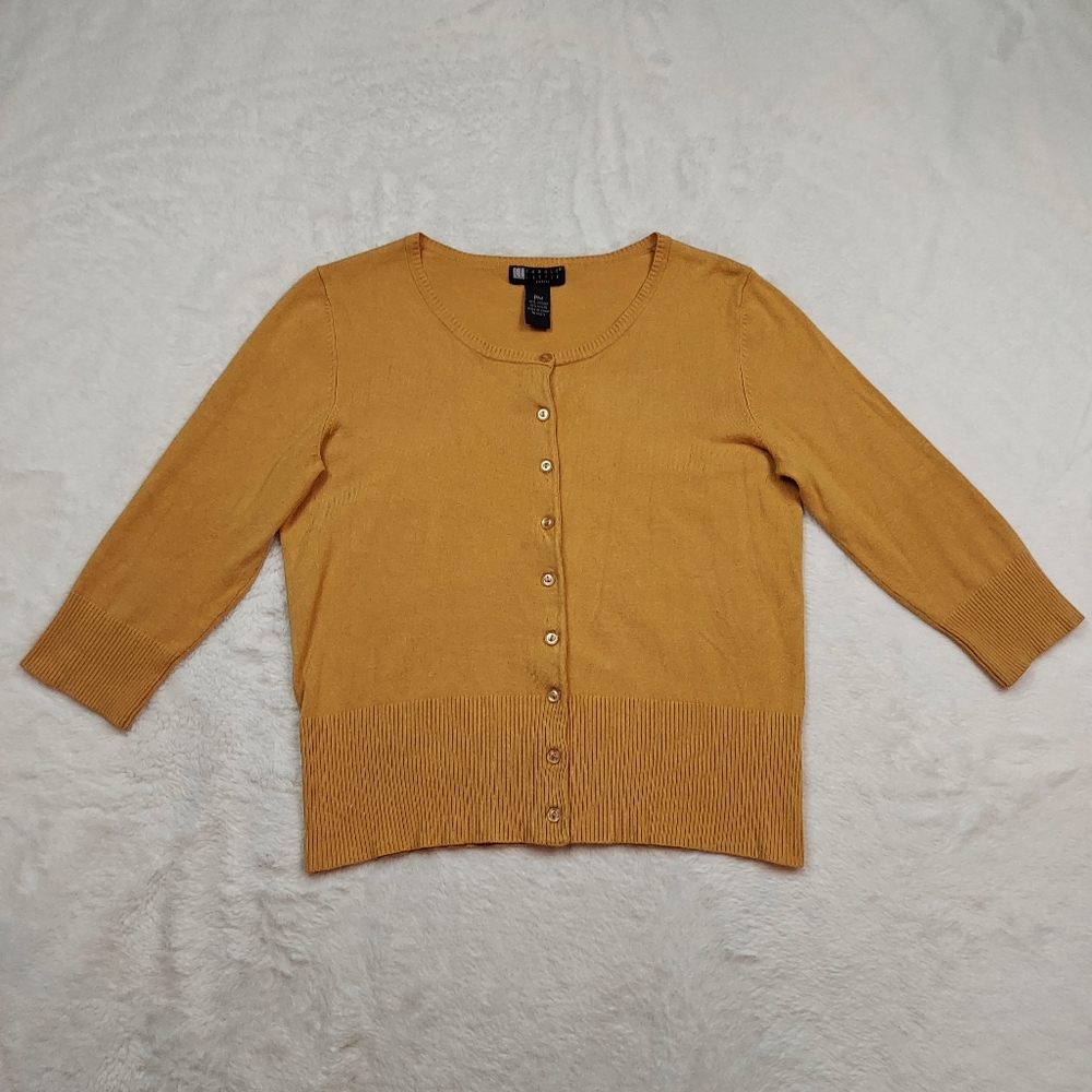 Carole Little Petites Mustard Yellow 3/4 Sleeve Cardigan Sweater Size PM